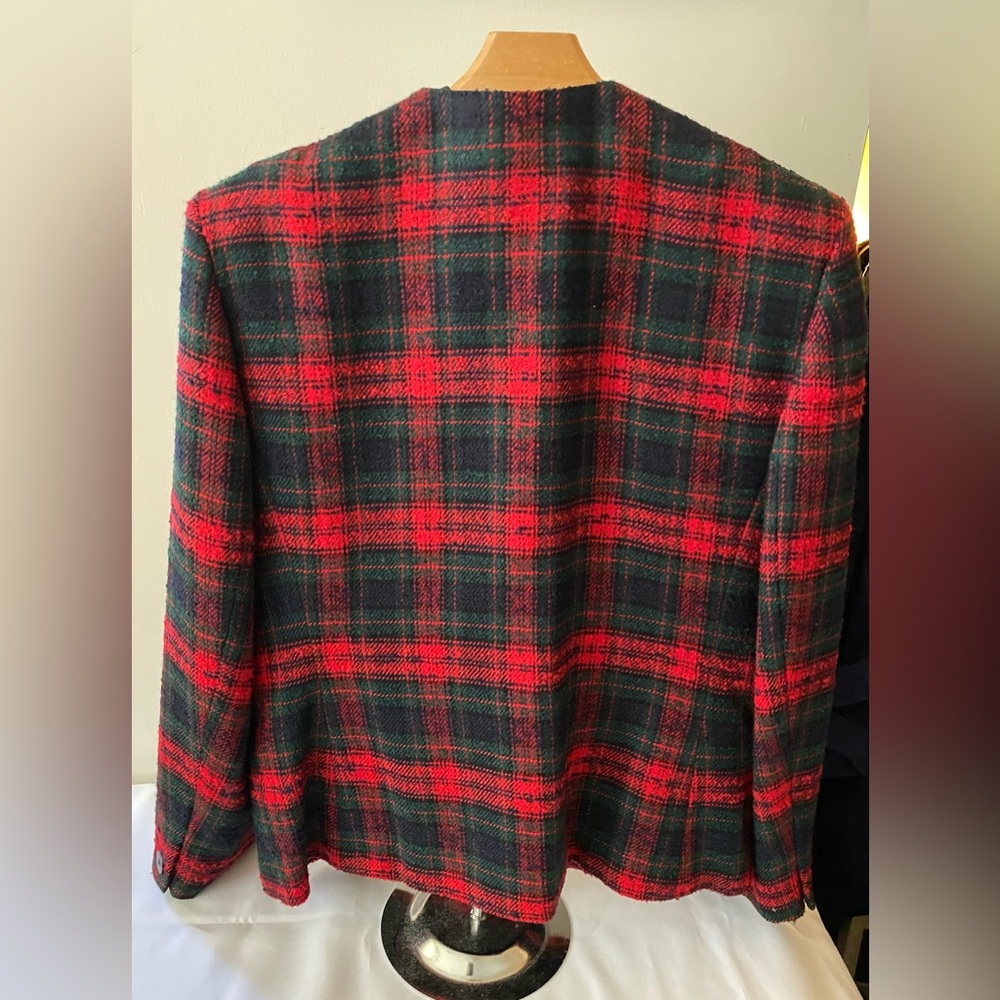Talbots 80's Vintage Preppy Plaid Wool Blend Tweed Collarless Blazer Jacket 12 - Picture 2 of 3